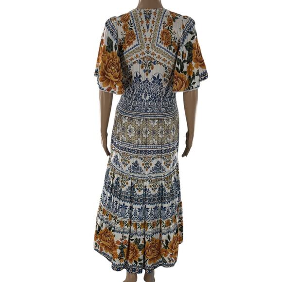 Farm Rio Blue Floral Tapestry Tie Waist Short White Sleeve Dress - Picture 7 of 10